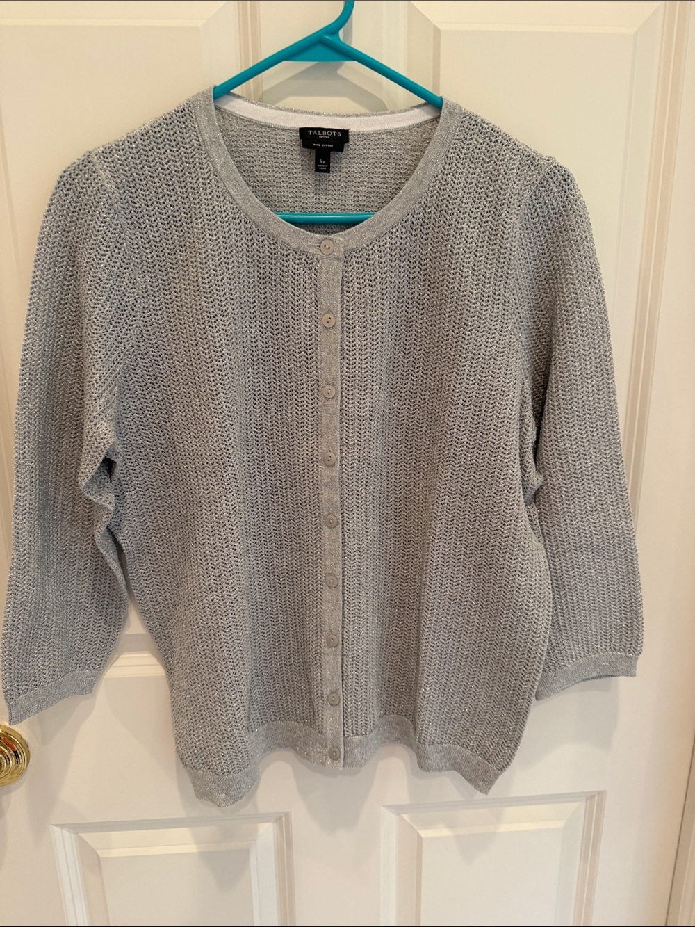 Talbots ladies grey metallic lg petite cardigan sweater.